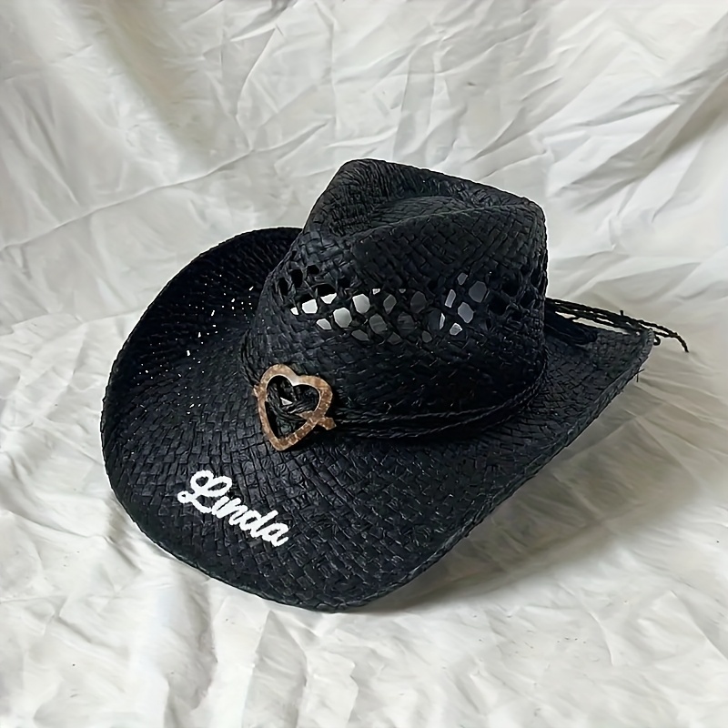 Black Woven Straw Cowboy Hat with Heart Accent Black Heart Buckle Western Trendy Cowgirl Hat – Cindy Jane  main image 4