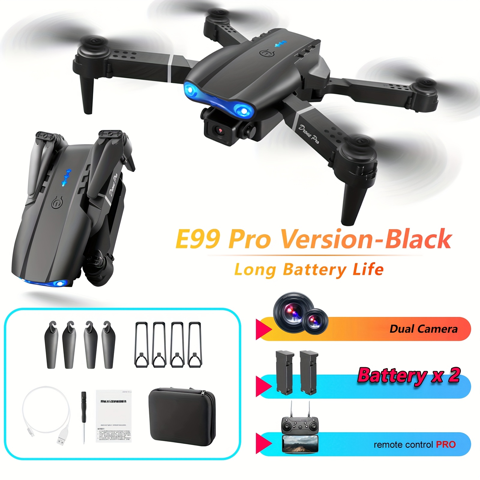 TEMU Drone With Dual Cameras, E99 Pro Foldable Rc Drone With 2 Batteries, Brushless Motors, & , Indoor And Outdoor Discount Drones, Beginner