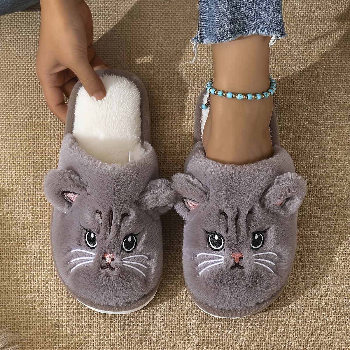 TEMU Cute Cat Pattern Bag Head Winter Warm Plush Slippers