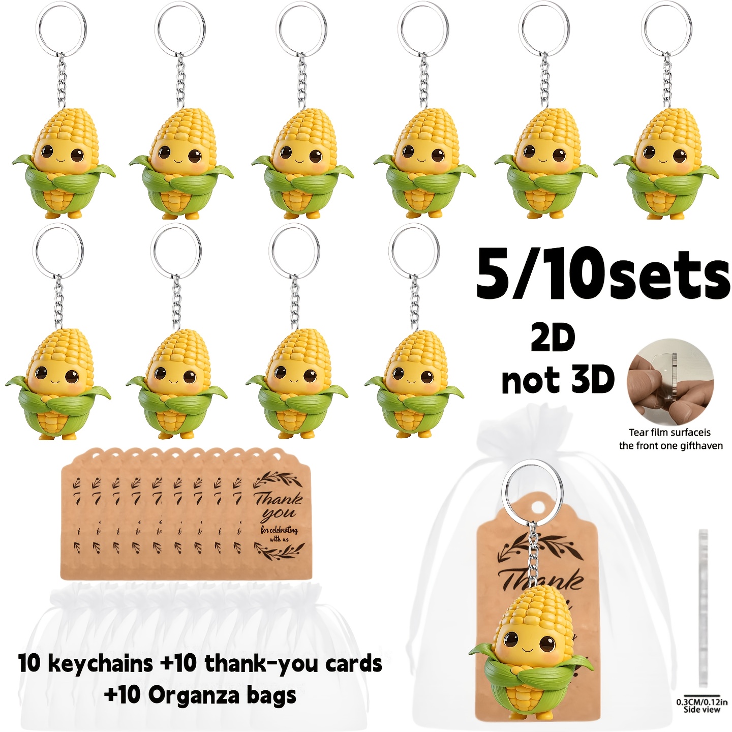 TEMU 2D Plat, 2D Plat - Een 2D Plat Cadeau voor Haar/Hem, Set van 5/10 Sleutelhangers, Schattige Maïskarakter Sleutelhanger Feestbedankjes Set -