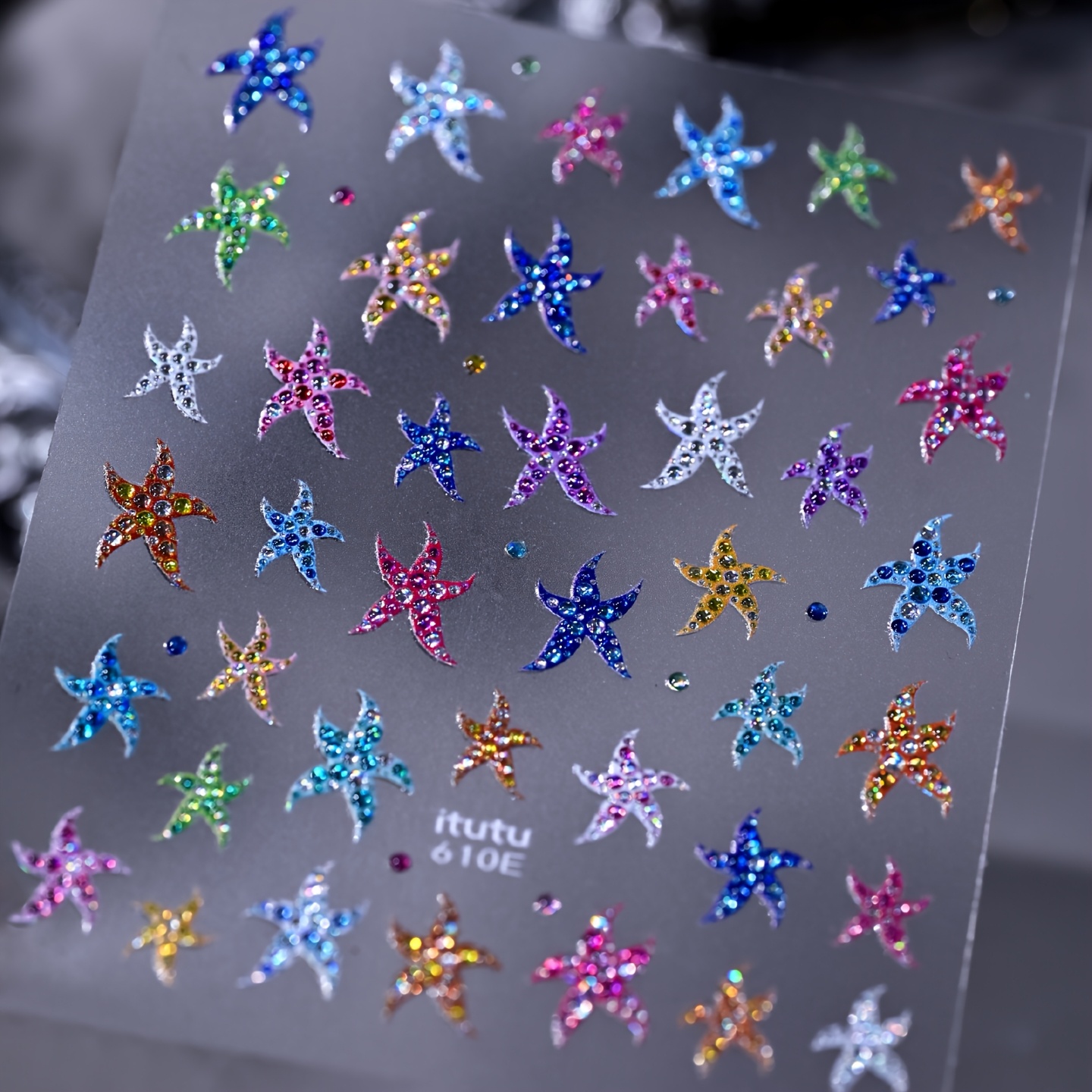 Summer -style Colorful Diamond Starfish Nail Art Stickers, Dopamine Colorful Embossed Nail Art Stickers, Featuring A Vibrant Starfish Pattern, Easy To Apply, Daily Creative Nail Art Stickers