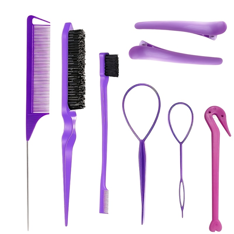 TEMU 8pcs Styling Tool Set - Includes Comb, Edge Control Comb, Eyebrow Brush, Rat Tail Comb And Steel Pin Comb, Hair Clips - Suitable For Curly Hair