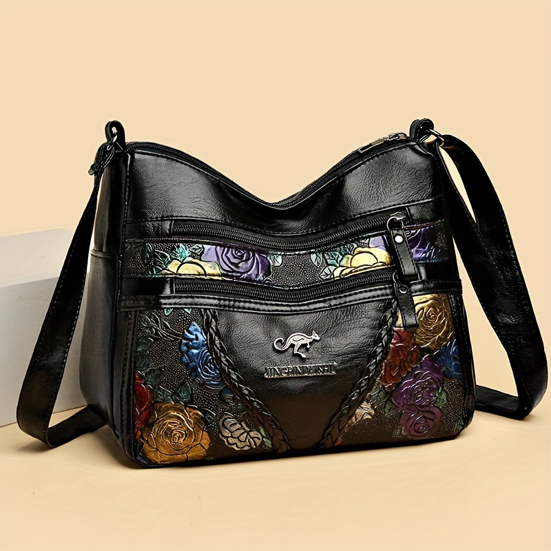 

Women' Floral Large Capacity Crossbody Shoulder Bag, Soft Pu Leather With Adjustable Strap