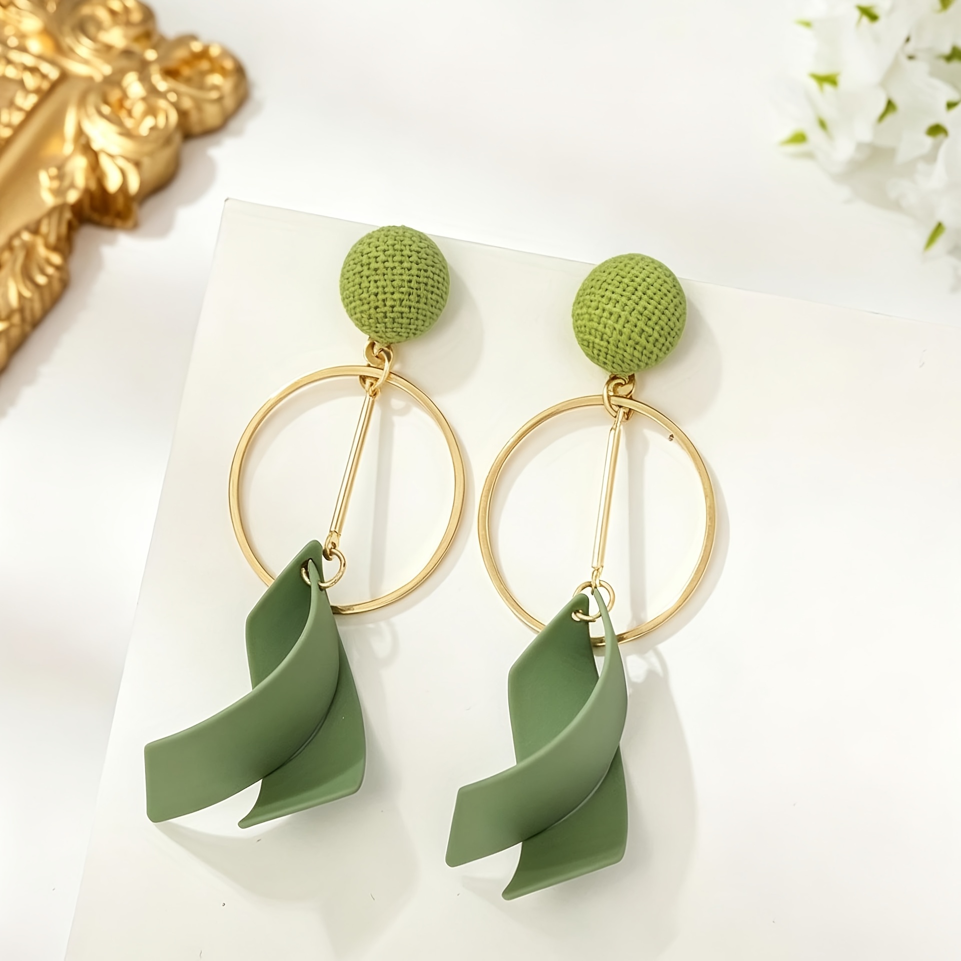 A Pair Of Tassel Stud Earrings, Korean Dongdaemun- Long Green Geometric Drop Earrings