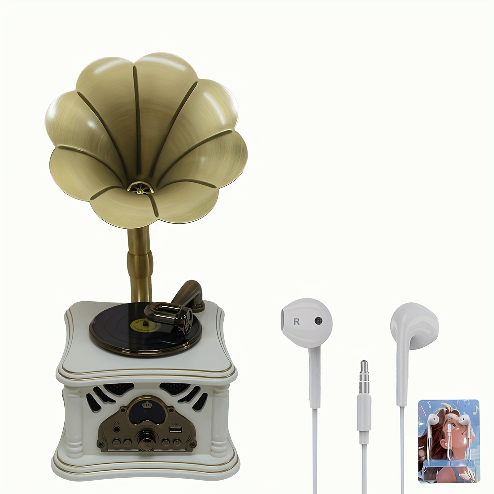Image of Mini Wooden , 1pc Headphones Earbuds Wired 3.5mm, Gramophone Shape, Earphone Jack, Wireless Player, Stereo Speakers, Vintage Speakers, Aux In, Usb, Vintage, White