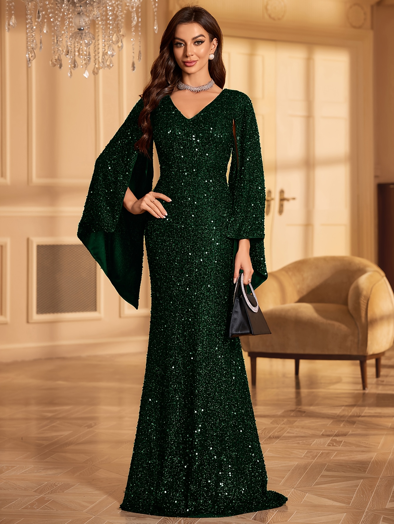 elegant solid color v neck long sleeve gown sequin - Temu