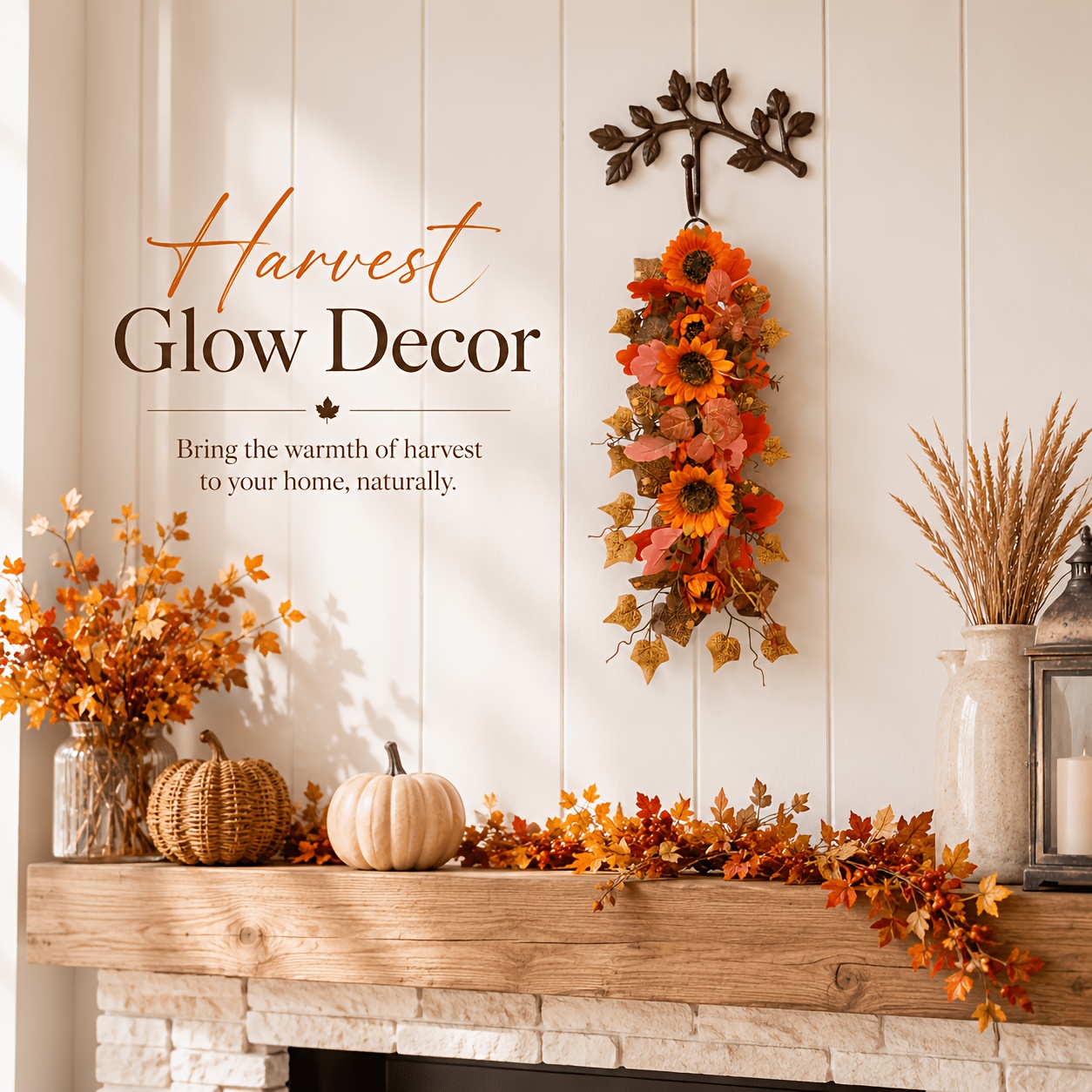 TEMU 1pc Thanksgiving Orange Sunflower Artificial Door Hanging Bouquet, Teardrop-shaped Long Hanging Floral Arrangement, Autumn-colored Sunflower ,