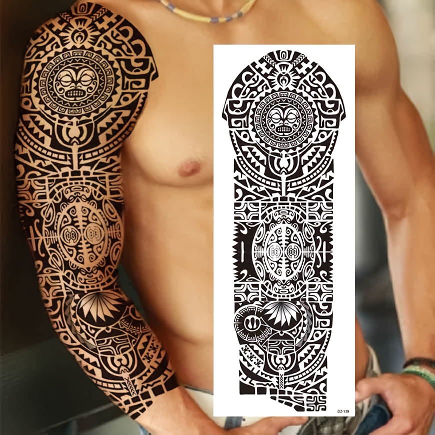 Image of A Temporary Waterproof And Long-lasting Fake Tattoo Sticker For Men, Featuring A Full Arm Maori Tribal , Suitable For Women To Wear On Their Thighs Or Forearms