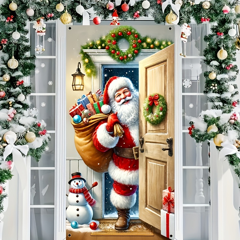 

Merry Christmas Door Banner - Santa Claus & Snowman Design, Polyester, Indoor/outdoor Holiday Decor, 35.43 X 70.86 Inches