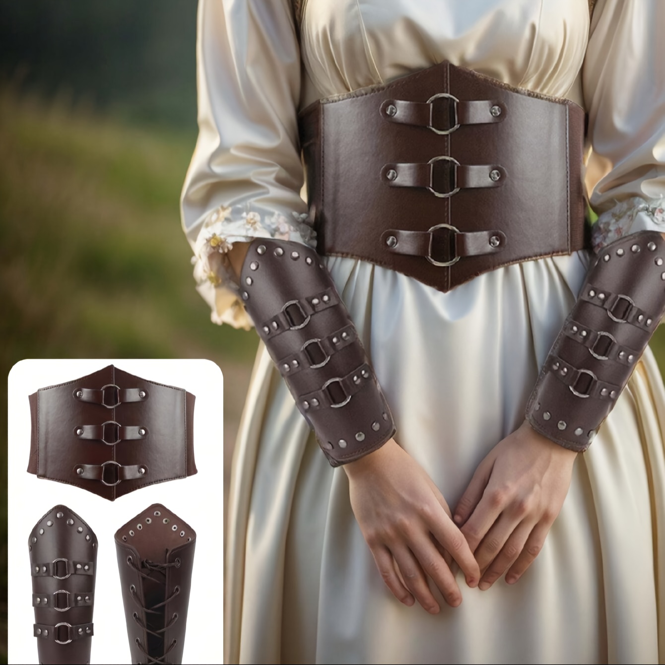 

3-piece Vintage Style Pu Leather Accessory Set For Medieval Viking Cosplay, Renaissance Costume Bracers And Corset Belt - Role Play, Outfit Accents