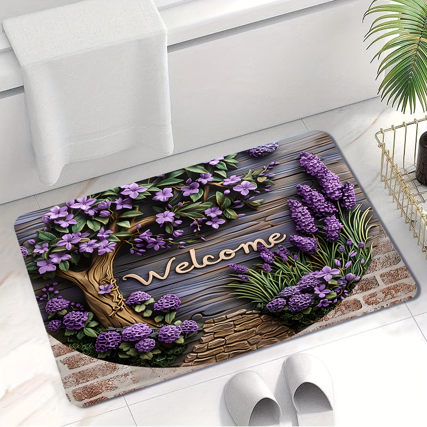 

Lavender Welcome Door Mat - Non-slip, Machine Washable, For Living Room, Bedroom, Bathroom & More - Polyester Home Decor