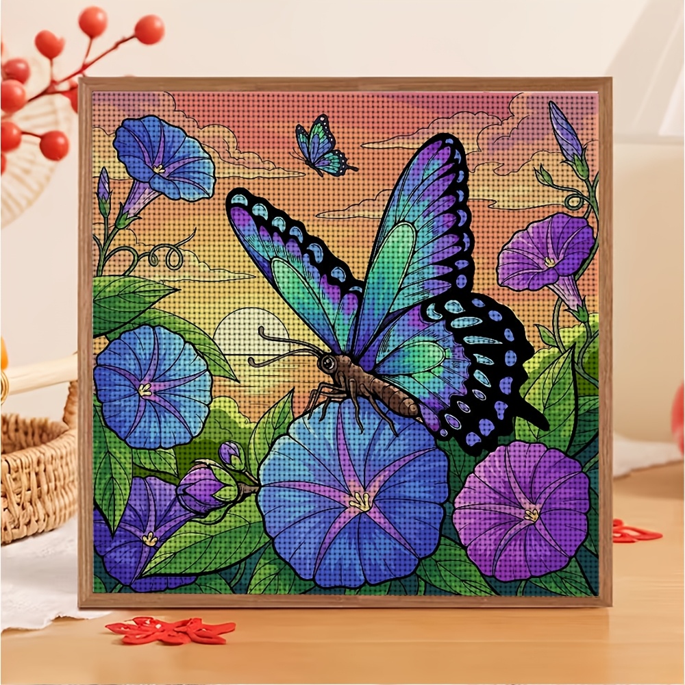 DIY Cross-Stitch Printed Kit, Unframed Butterflies on Flowers