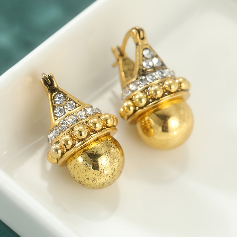 Image of Vintage Golden Hoop Earrings Inlaid Synthetic Cubic Zirconia For Women Traditional Classic Festival