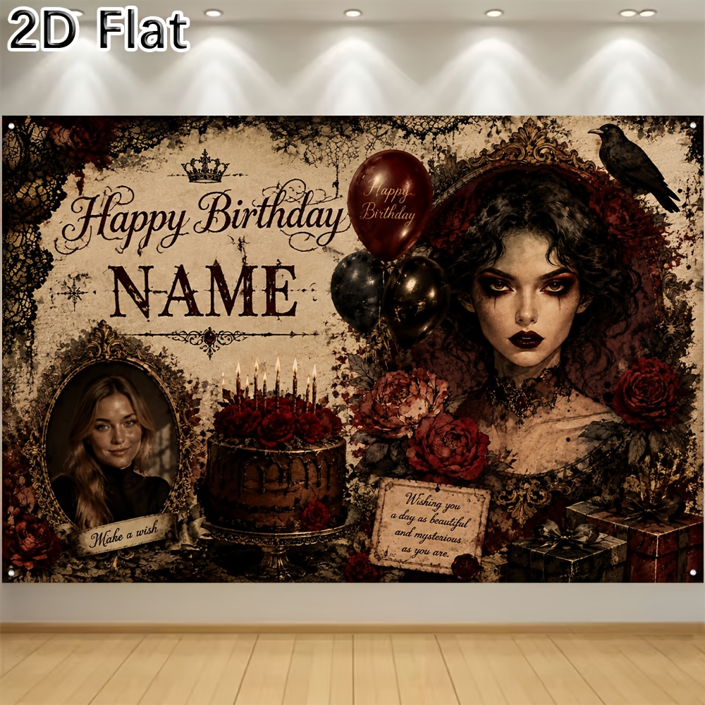 TEMU 2d Flat, 1pc 2d Flat Printing Banner Party Banner Birthday Backdrop, Support Custom Photo And Name, Unique Gothic Themed Printed Birthday Party