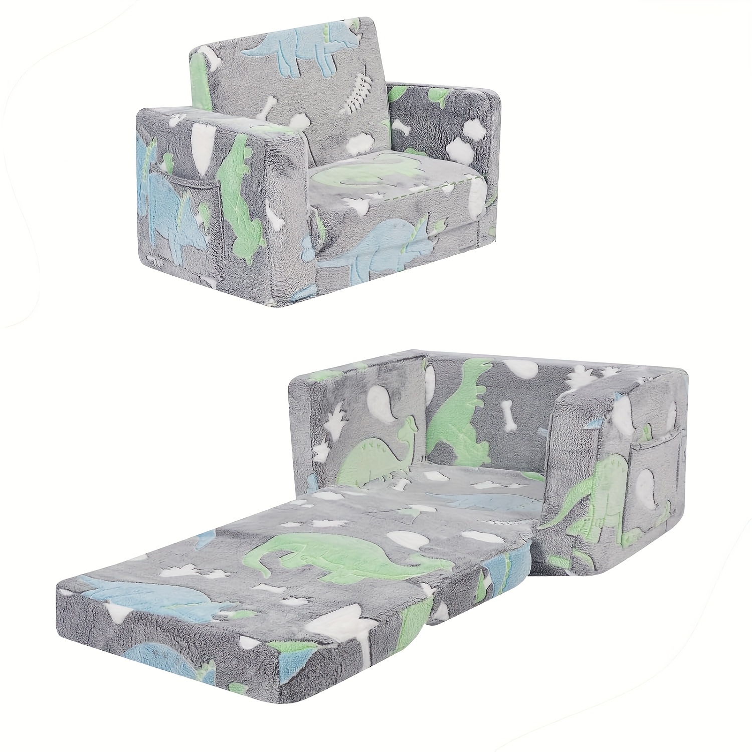 kids dinosaur sofa foldable convertible bed lounge chair with glow in the   soft flannel fabric 1 3 inch height 27 stable frame for playroom nursery patio grey pink kids playroom furniture   furniture comfortable kids furniture