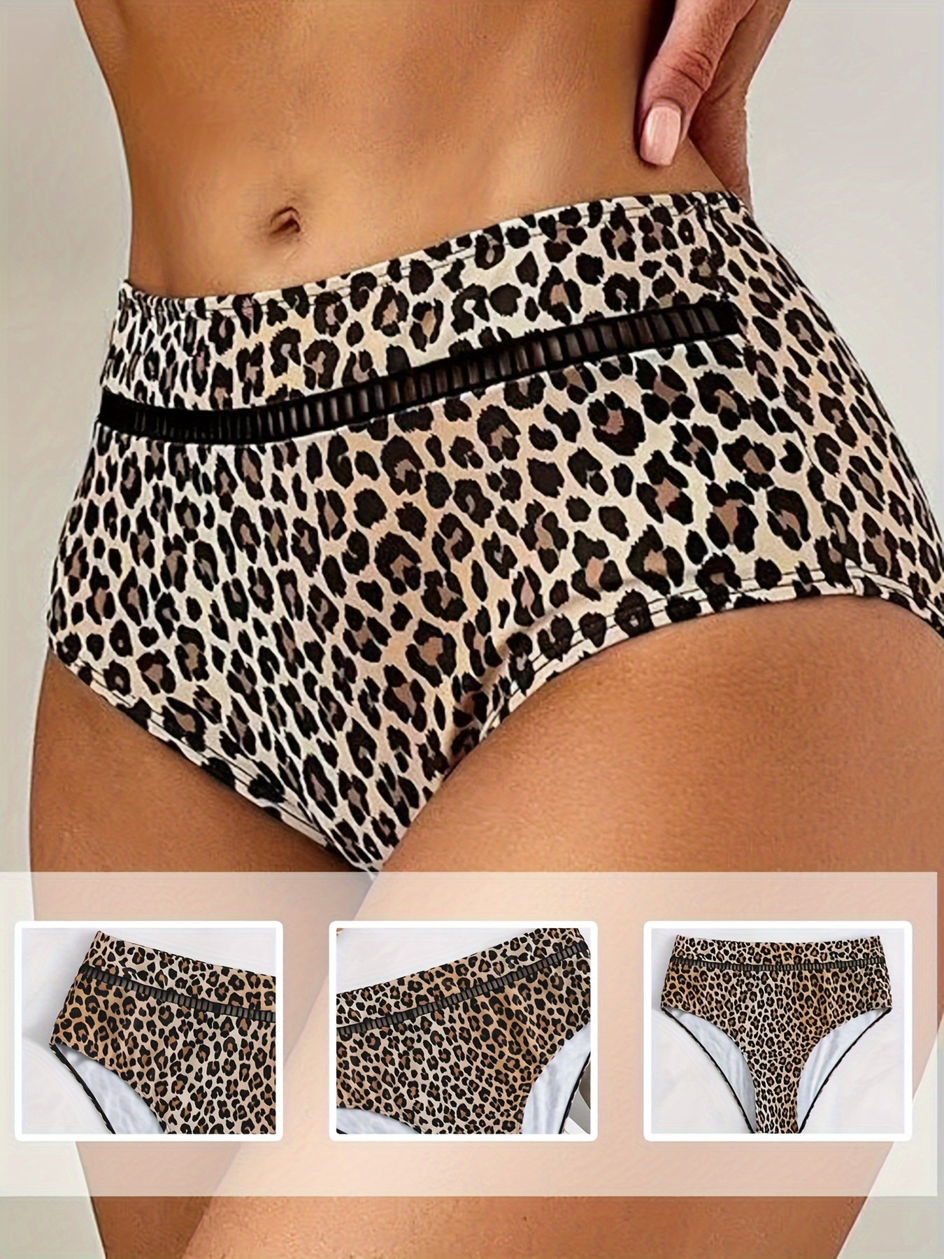Leopard Print Hollow Out High Waist Bikini Bottoms, Stretchy Sexy Tummy Control Stylish Swim Briefs, Women's Swimwear & Clothing