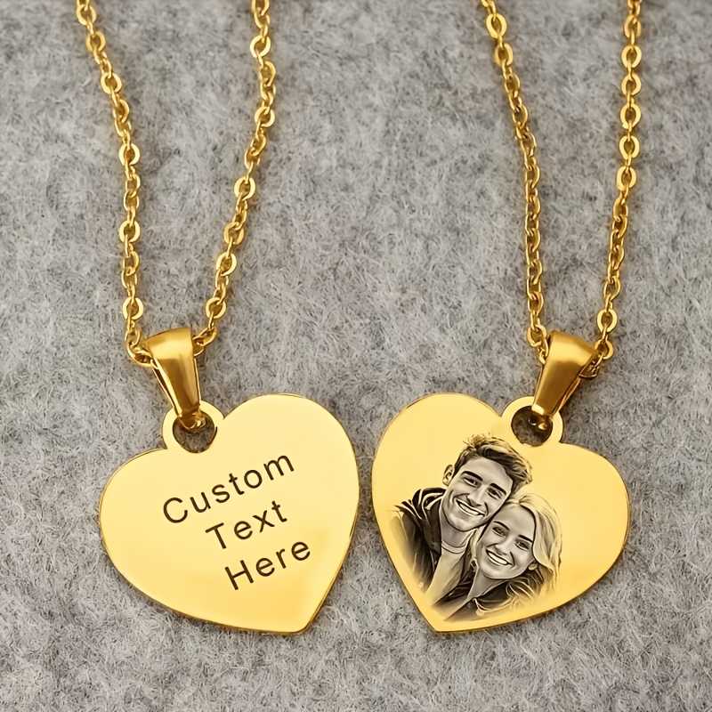 TEMU 1pc Bohemian Custom Personalized Photo Necklace, Customizable Custom Text, Love Shape Design, Couple Photo, Adjustable Chain, Elegant,