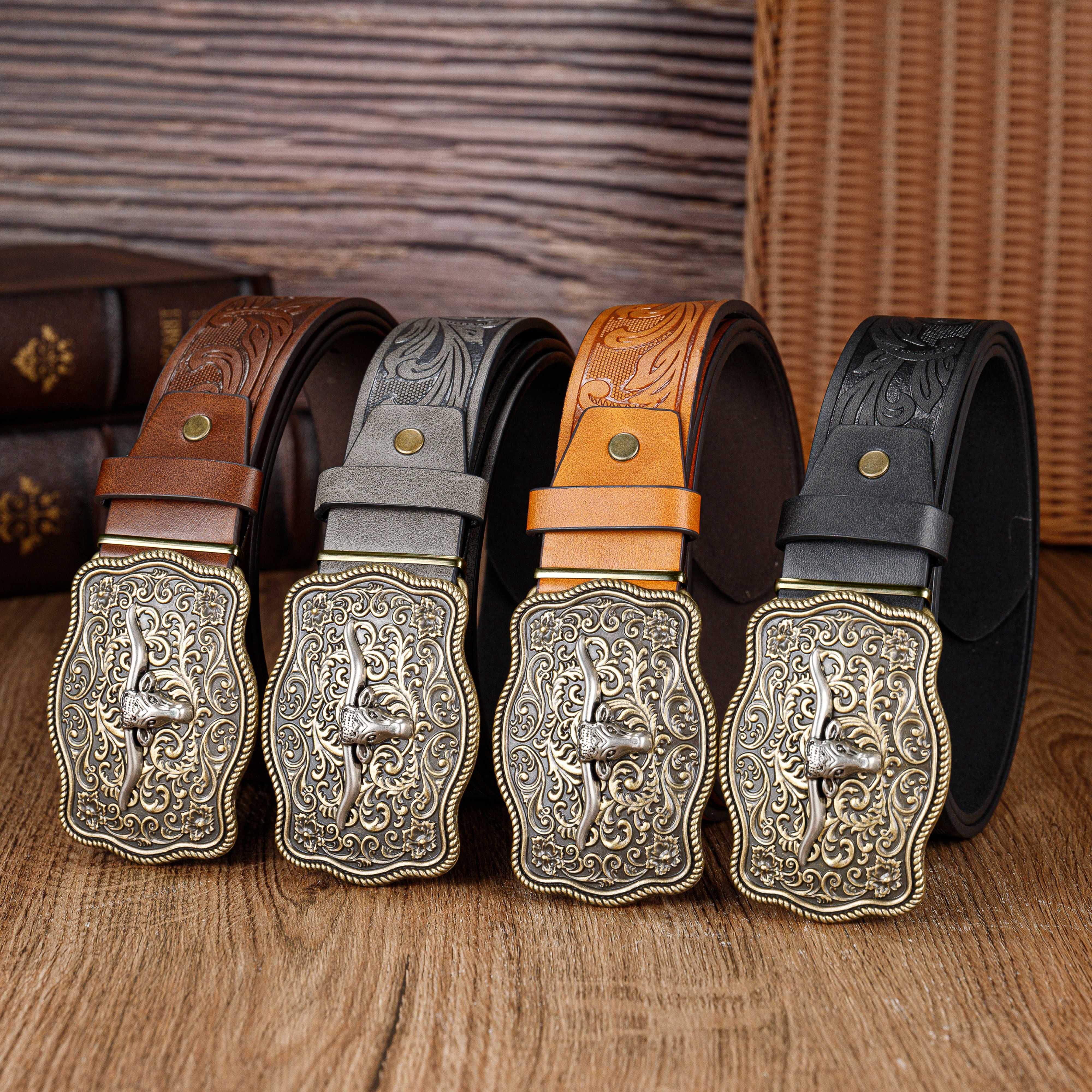 

Cow Head Pattern Buckle Retro Embossed Pu Leather Belt For Men, Ideal Choice For Gifts