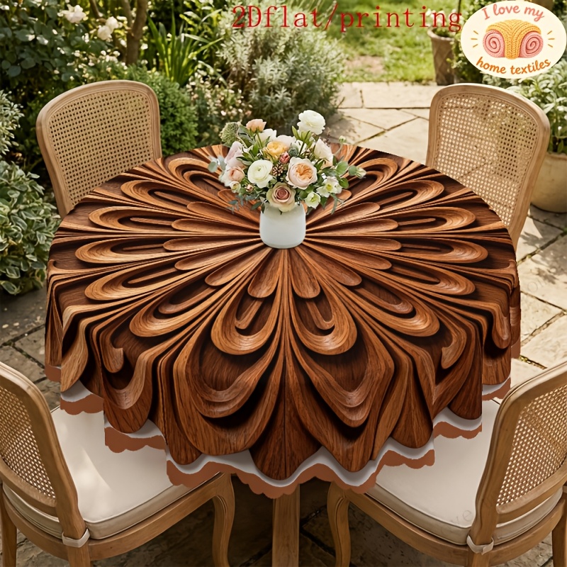 TEMU Round Tablecloth 1pc Lace/2d Flat Printing, European Countryside Round Center Radial 3d Relief Wood Carving Pattern Printed Tablecloth/ Coffee