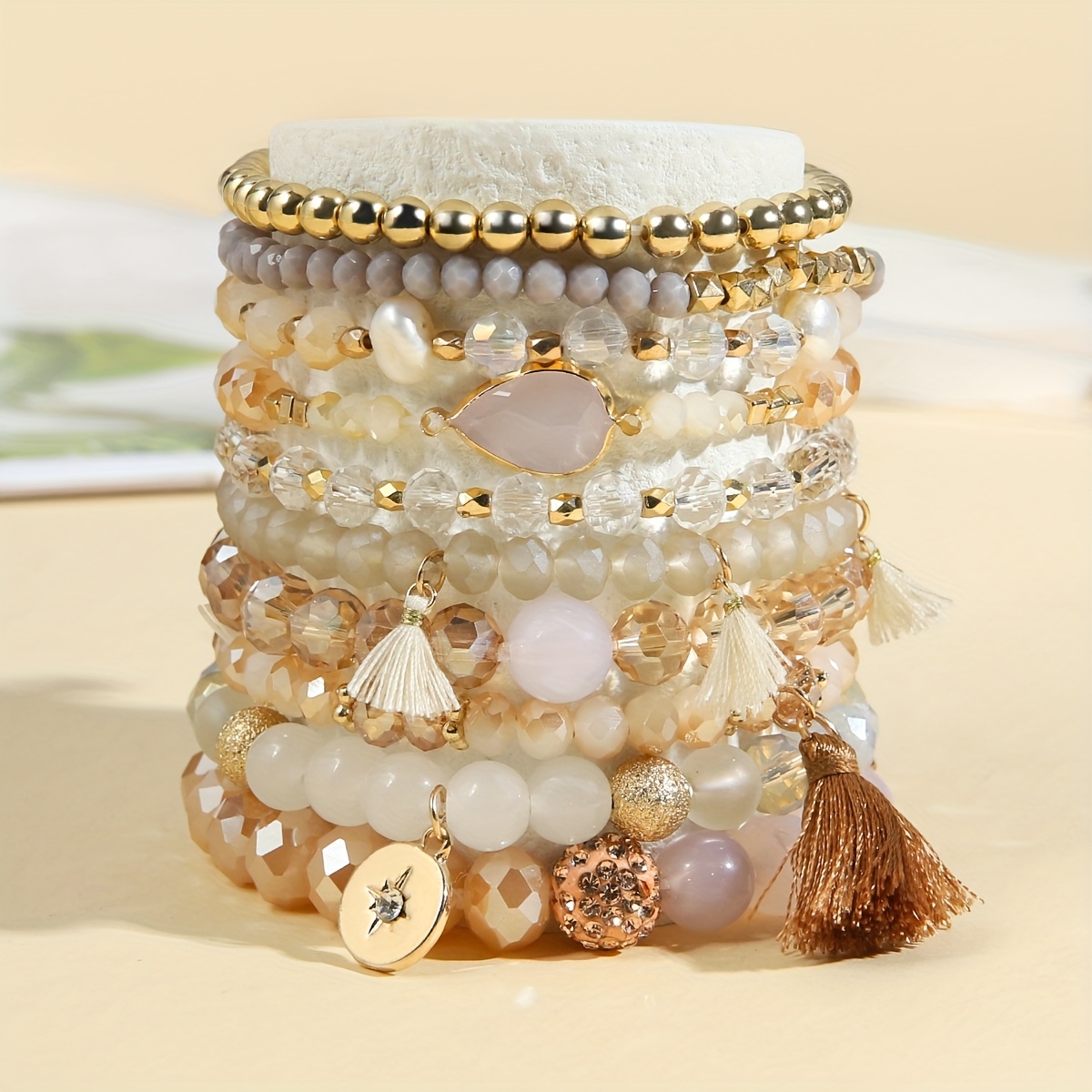 E-shop 10er-Set Bohemian Ethno-Stil Acrylperlen Elastische Mehrschichtige Stapelbare Armbänder, Geeignet für den Täglichen Gebrauch und Partys für