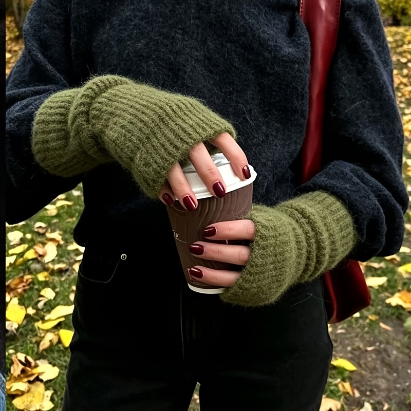 TEMU Herbst/Winter flauschige Woll-Halbfinger-Handgelenkschoner, warme fingerlose Armstulpen für Damen mit vertikalen Streifen für Pendeln im Freien,