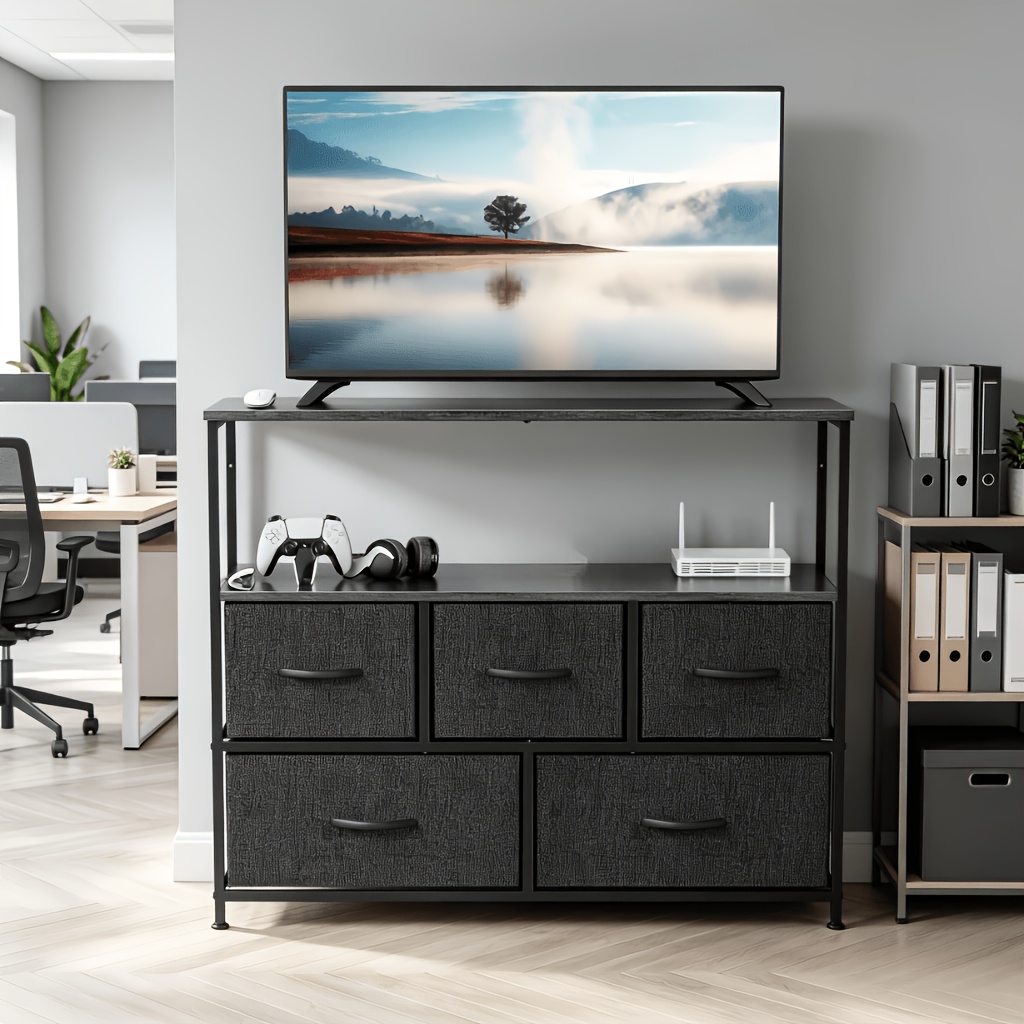 TEMU Office Chest File Cabinet With 5 Drawers, Tv Stand, Entertainment Center For 45-inch Tv With Storage Drawer Unit, Open Shelf, Free Wrench