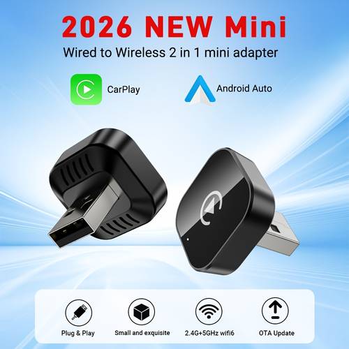 2026 dual-port draadloze box, carplay & auto mini adapter, carplay converter, snelle , vertraging, compact en stijlvolle smart box, bedraad naar draadloos, stijlvol en draagbaar, compatibel met iphone & , met usb/usb-c poorten