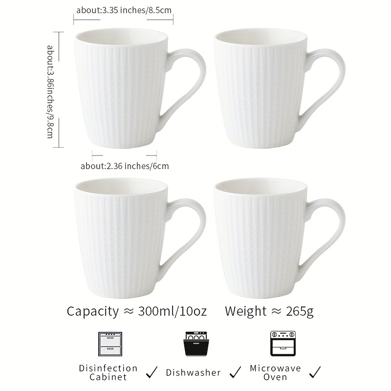 4pcs White Square Embossed Mug Set, 300ml Minimalist Ceramic Flared Cup, Tea/coffee Cup Collection