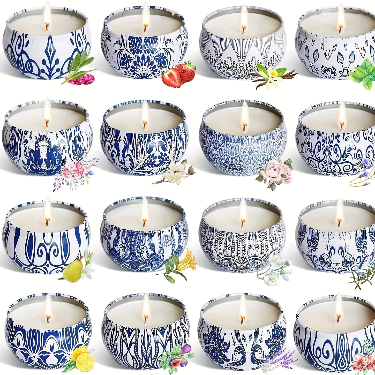 TEMU 16 Blue And White Porcelain Appearance Candles, Each Measuring 1.57 * 2.37 Inches, Made Of High-quality Soy Wax, Containing A Of Fruits And