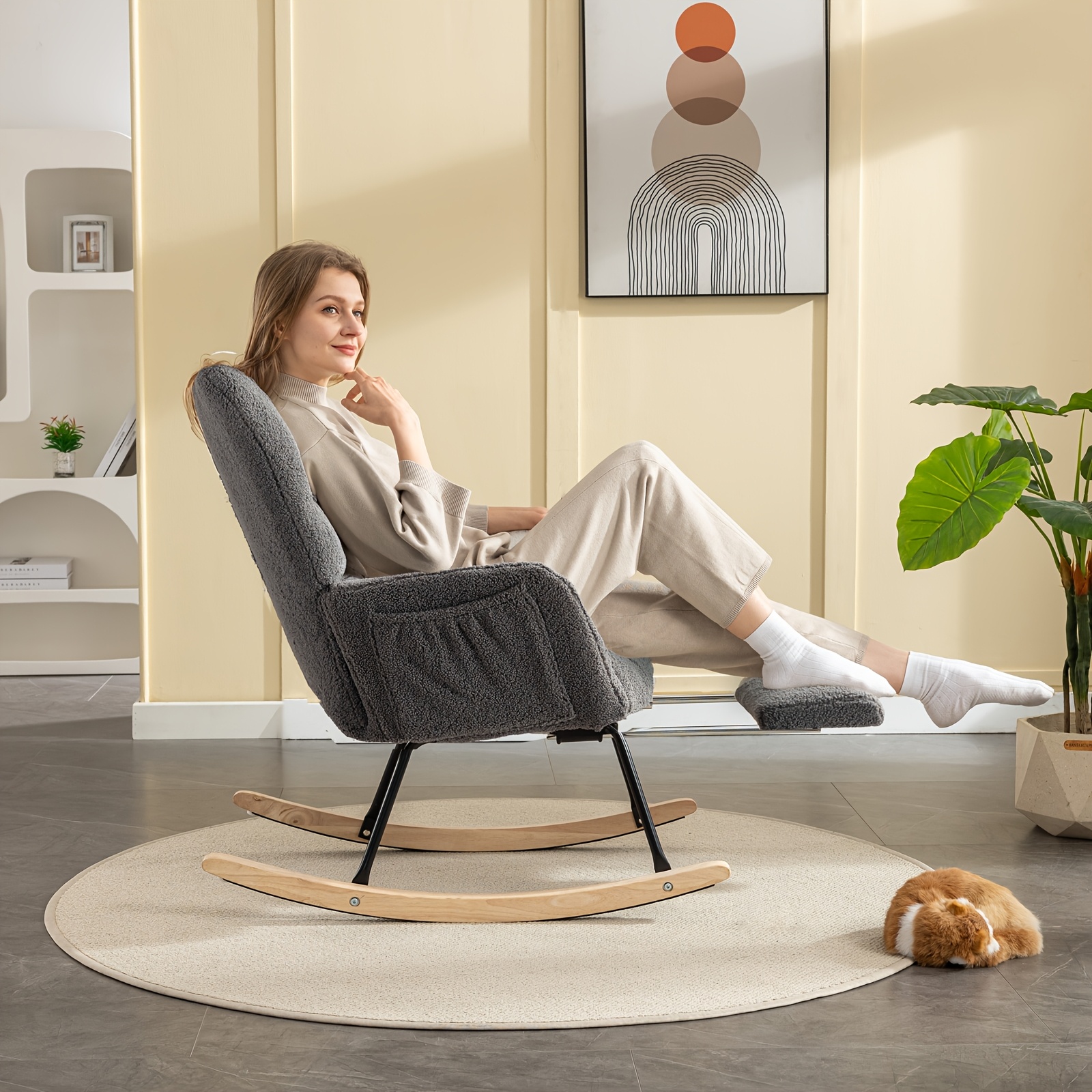 Nursery Teddy Upholstered Glider Rocker with Adjustable Footrest, High Backrest Padded Recliner Reading Chair for Bedroom