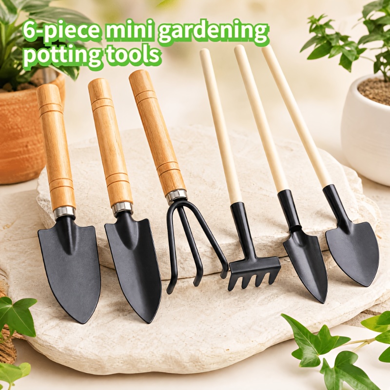 TEMU 6pcs Mini Gardening Potting Tool Set - Gardening Tools For Planting Flowers. Wooden Handles. Suitable For Transplanting Seedlings, Cultivating