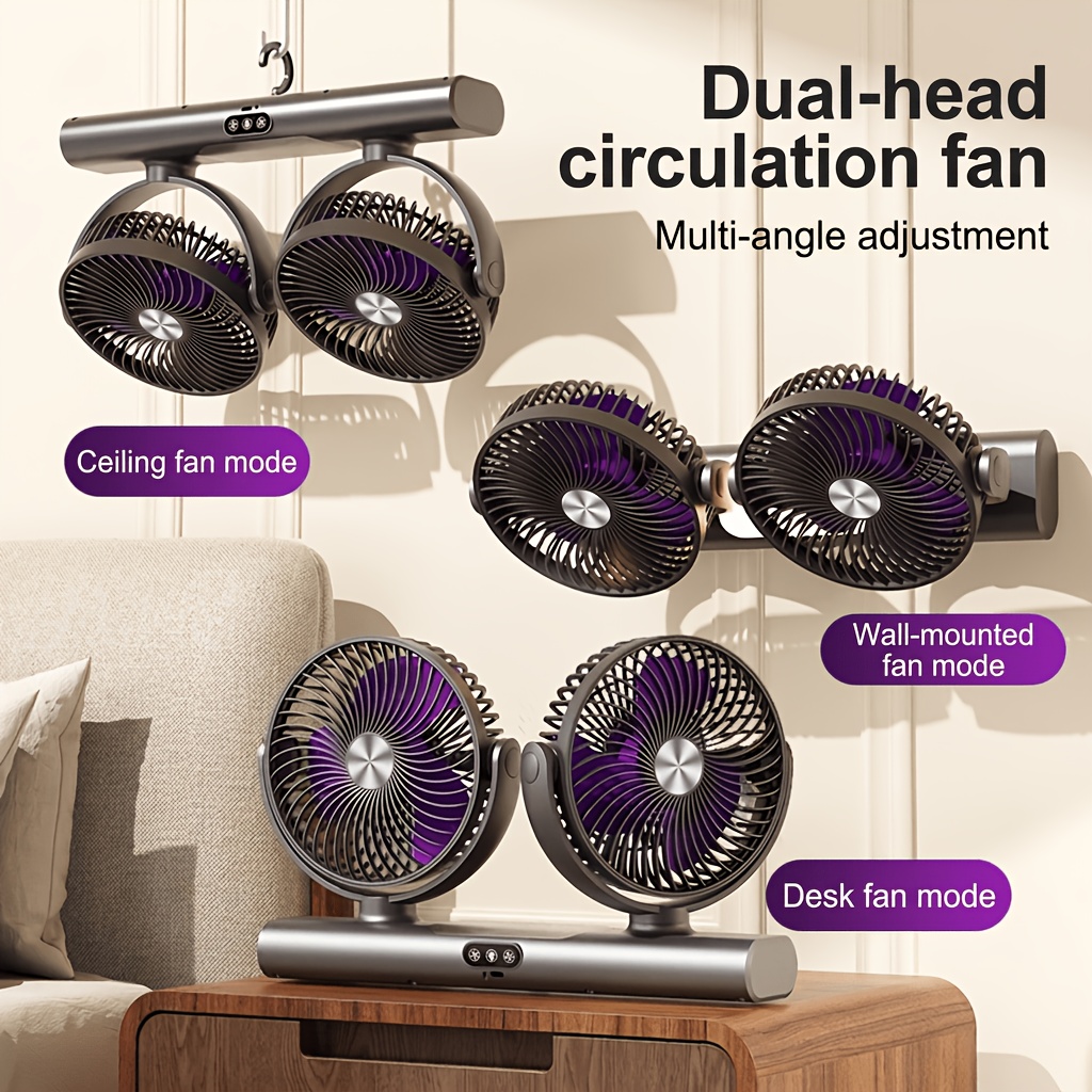 portable desktop double headed   air circulation fan usb charging desktop   fan household wall mounted fan 3 gear adjustment of   multi angle   atmosphere night light suitable for camping home and office