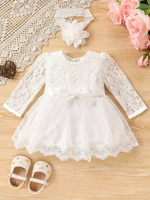 Baby Girl Christening Gown Long Sleeve Lace Dress For Wedding, Party, White Floral Baby Girl Christening Gown Long Sleeve Lace Dress For Wedding, Party, White Floral