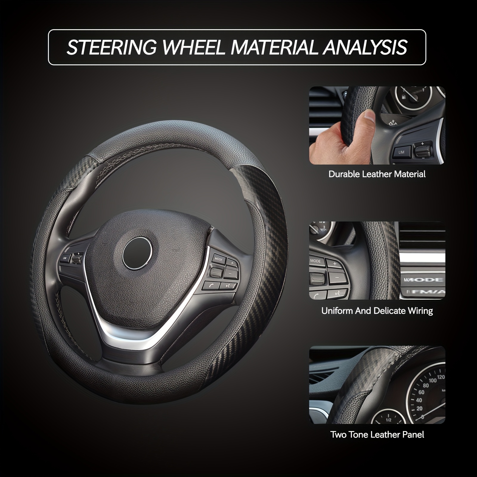 universal   leather carbon fiber steering wheel cover for cars suitable for sizes 14 1 2 to 15 designed to prevent slipping in black