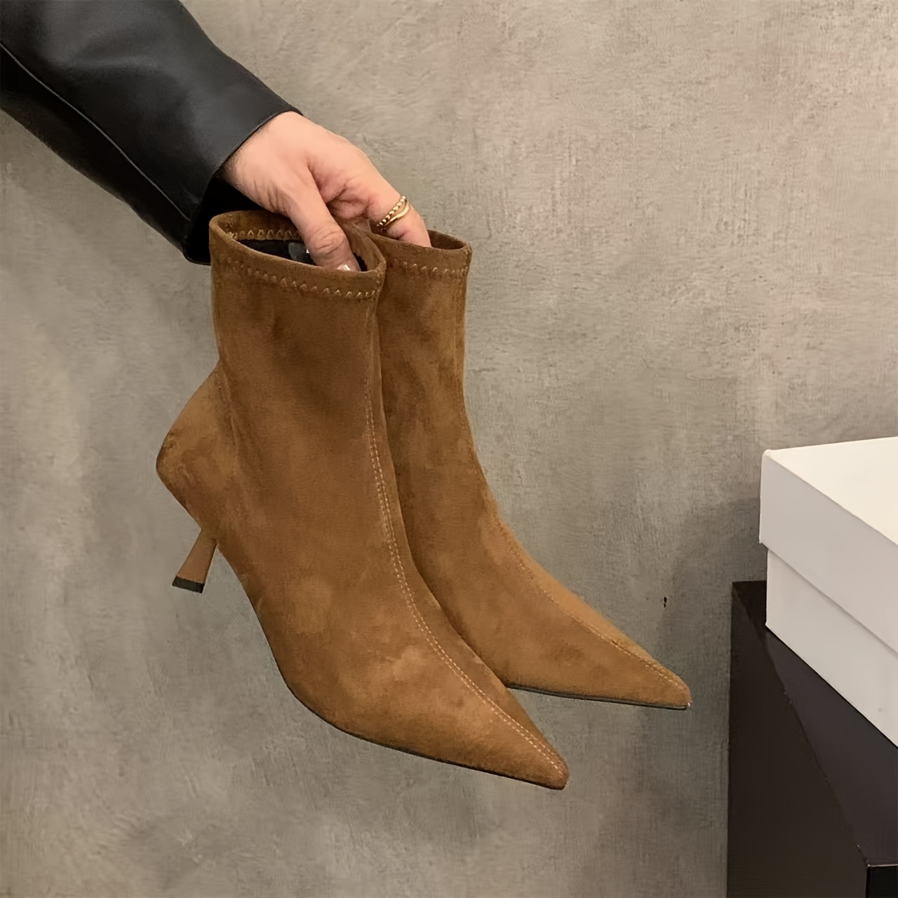 TEMU Fashionable Women's Stiletto Ankle Boots With Pointed Toes And Stretch Fabric, With Skirts Or Pants. Suitable For Summer, Spring, Spring Break,