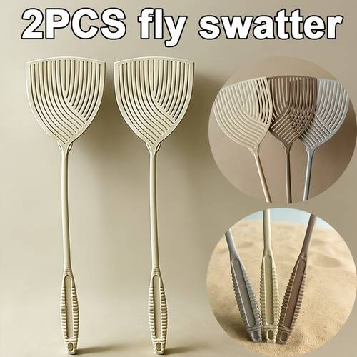 premium thickened simple and durable striped three color plastic fly swatter a mosquito killer tool the long handle with textured surface it easy to used indoors and outdoors and is an essential household item