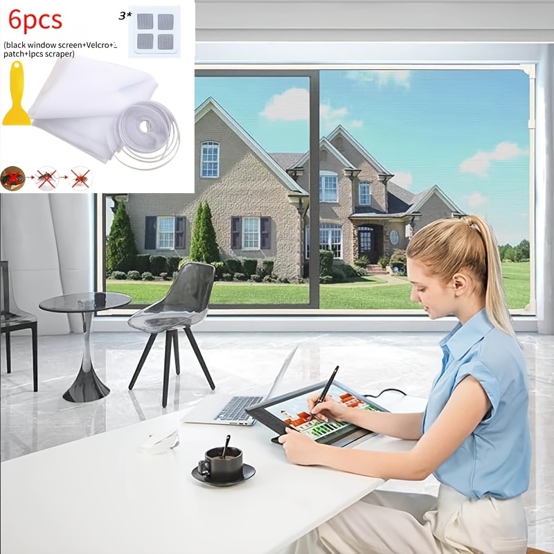 Image of 6pcs Self-adhesive Window Screen Curtain With Repair - Diy Invisible Mesh Panels Suitable For Bedroom & Living Room, Insect Proof Suitable For Multiple Windows, For Sliding Doors, Home Covering