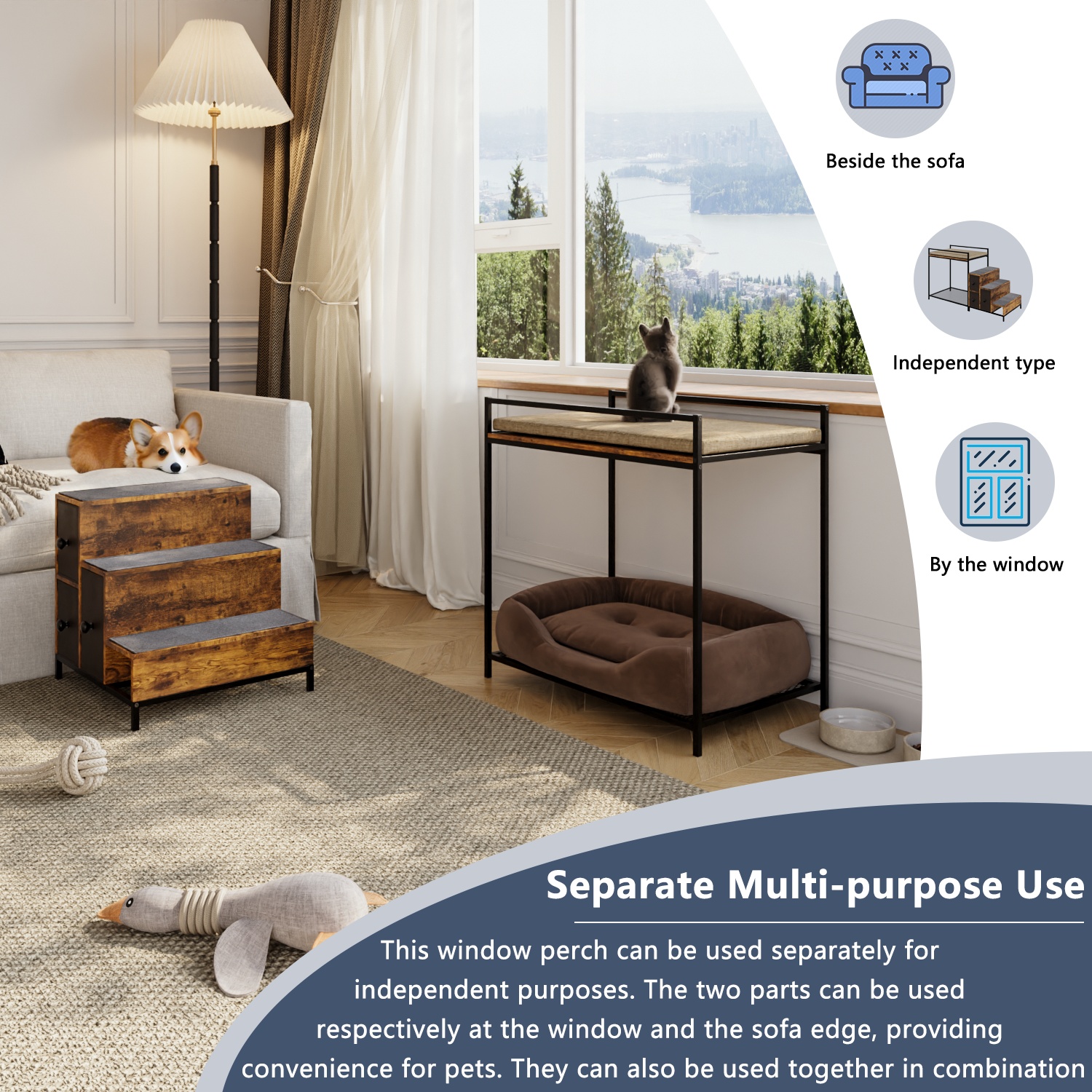 pet window perch with stair and storage 3 drawers large pet bunk bed for dogs and cats multi level platform with foam upholstery Product details 4