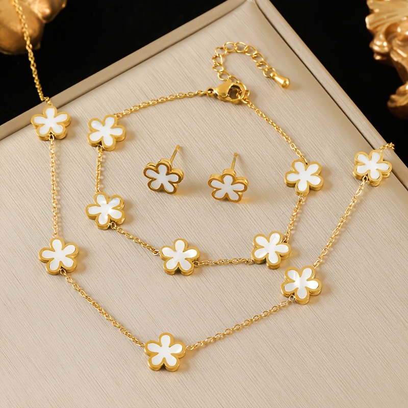 TEMU 3 pièces Ensemble Collier Bracelet Boucles d'Oreilles en Acier Inoxydable Pétale de Fleur Blanc Couleur Dorée Mode Bijoux Étanches Cadeau pour