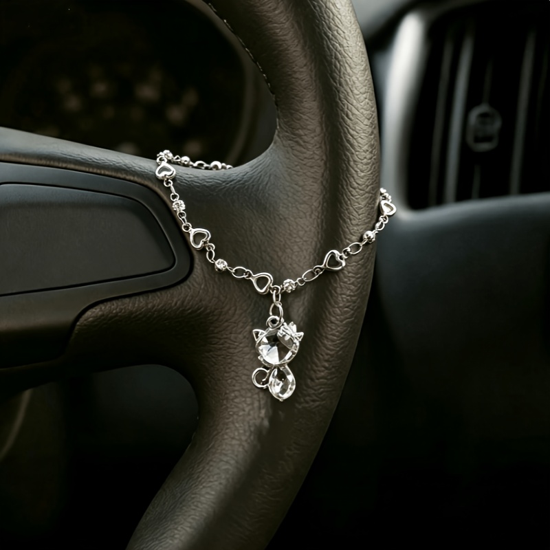 Image of 1pc Cute Zirconia Kitten Pendant Car Steering Wheel Chain Rearview Mirror Hanging Ornament, Cat Accessory, Women' Chain, Style And Color Random