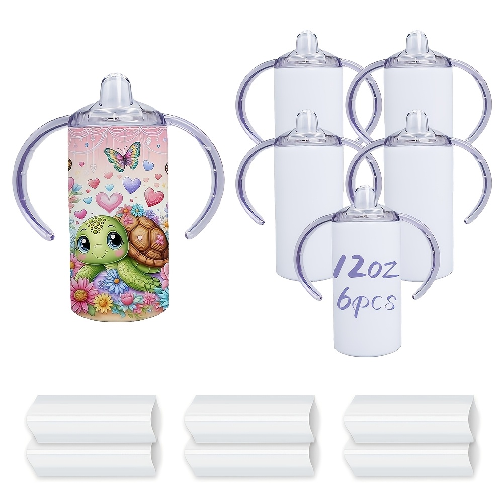 TEMU Usa Warehouse 6 Pack Sublimation Sippy Cups Blank With Handle, 12oz Kids Stainless Steel Cups, Toddlers White Tumblers Cups With Straws And Lids