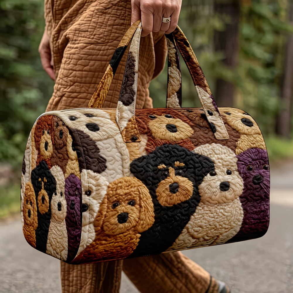 1 ud. Bolso Duffel Acolchado Adorable de Cachorros de Múltiples Razas, Bolso de Viaje Cilíndrico de Gran Capacidad con Asas, Diseño de Perro Esponjoso Blanco Marrón Negro, Estilo Semanal de Noche Cálido y Lindo para Amantes de los Perros, Mujeres, Regalo de Halloween, Acción de Gracias, Navidad