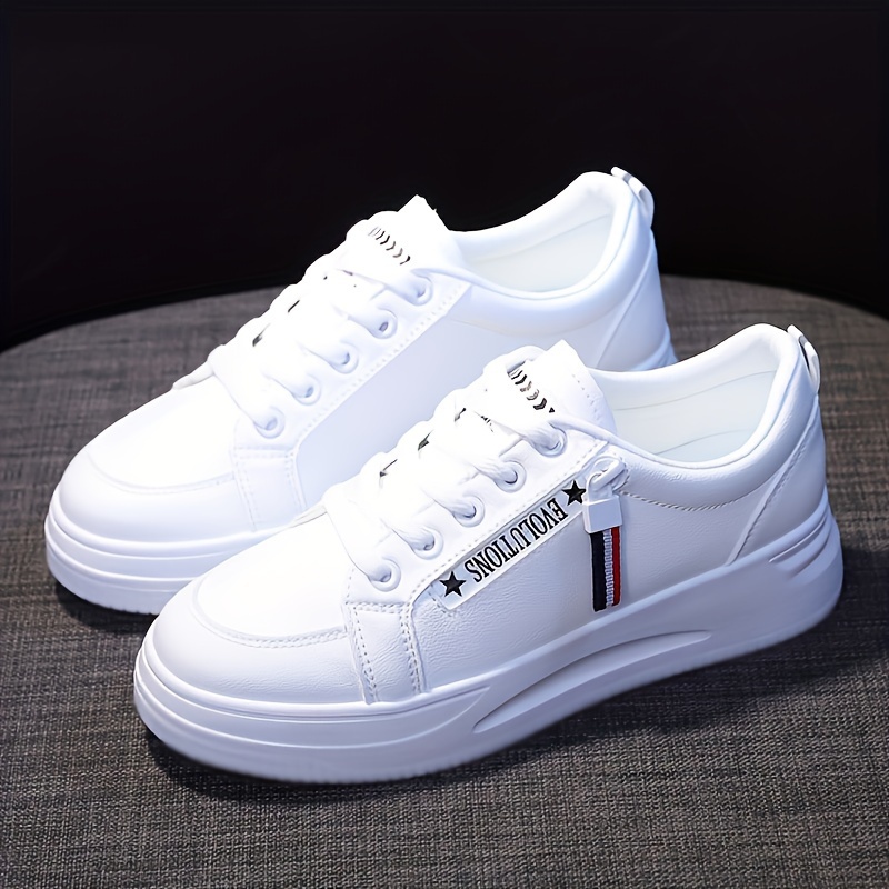 

Women's White Skate Shoes, Casual Lace Up Low Top Flat Sneakers, All-match Preppy Style Walking Shoes