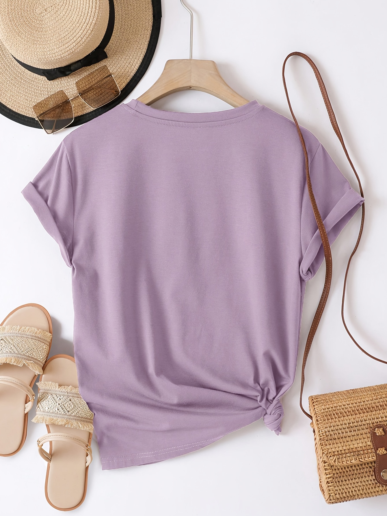 Casual Crew Neck Short Sleeve T-Shirt, Women'S Polyester Basic Round Neck Pullover, Heart Butterfly Pattern, with Slight Stretch, Regular Length and H Fit