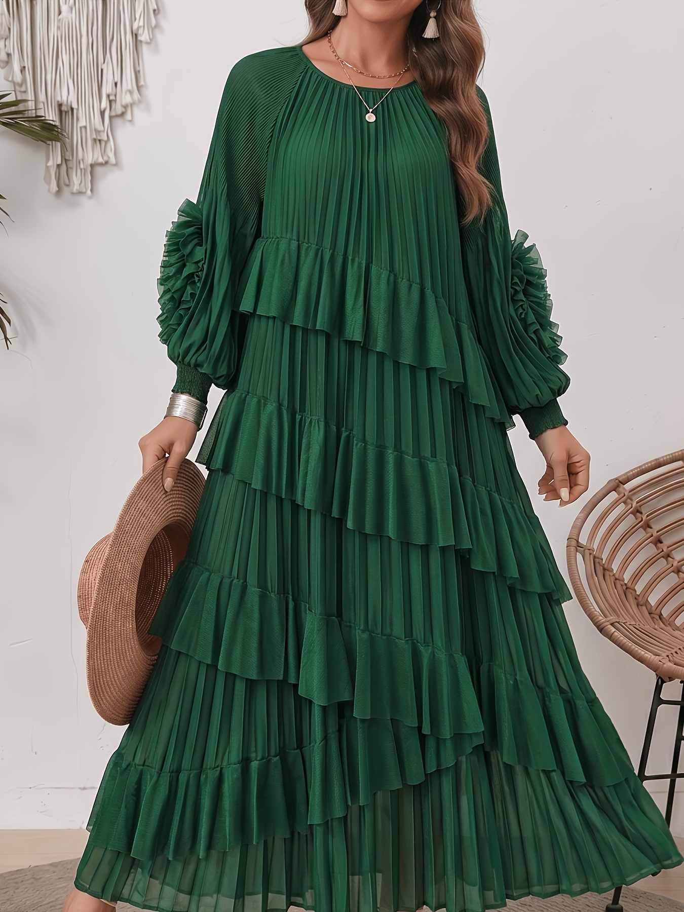 womens elegant solid color lantern sleeve maxi dress pleated - Temu