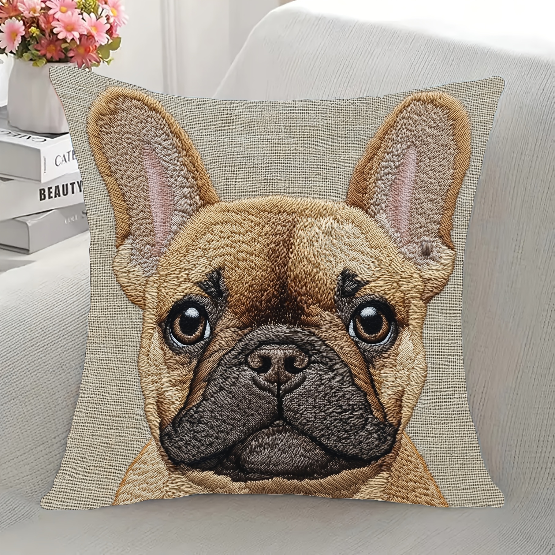 

1pc, Polyester Short Plush 18x18 Inch, Embroidery French Bulldog Puppy, Suitable For Room, Sofa, Bedroom, Without Pillow (no Embroidery) Embroidery Effect_adas4684