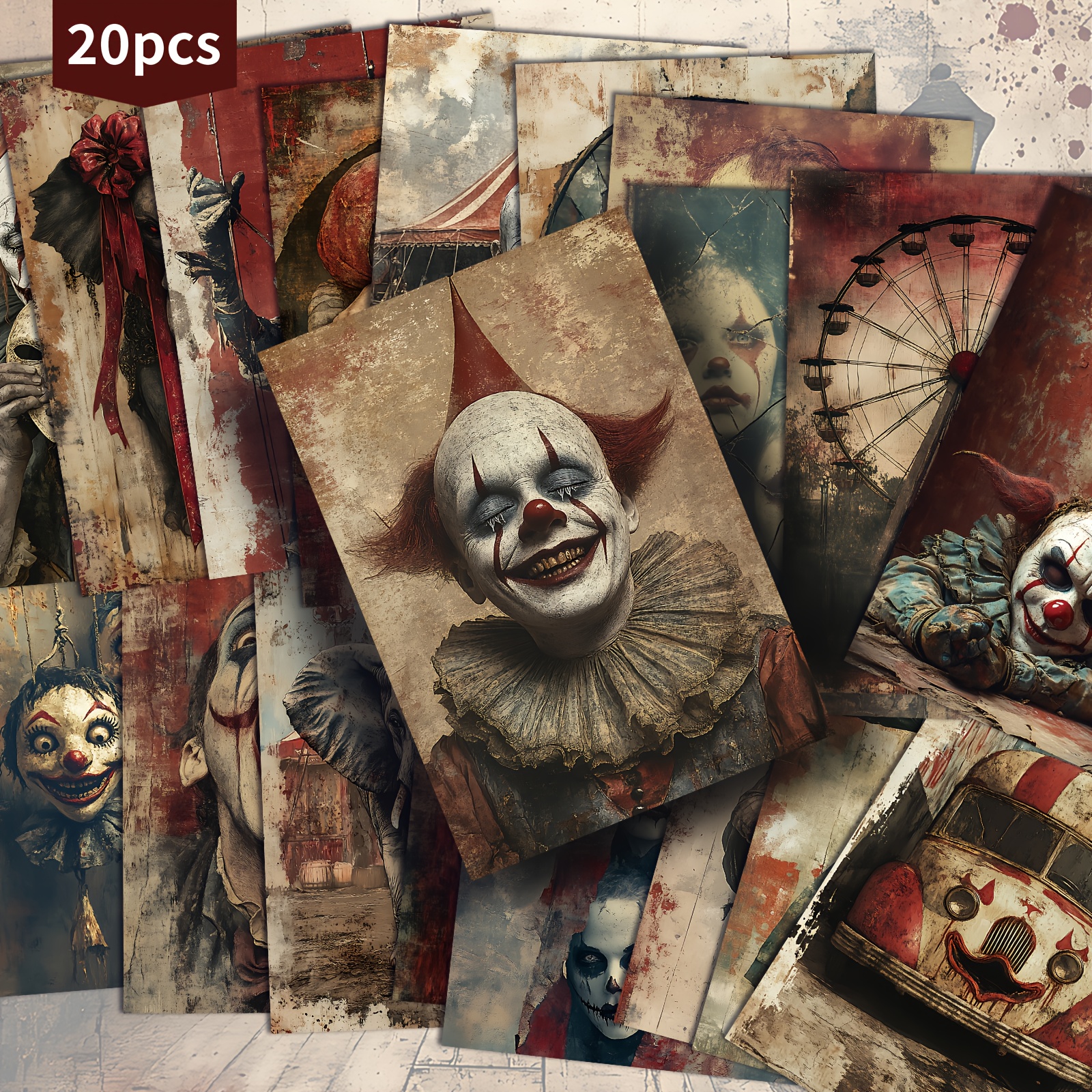 Image of 20 Pack Vintage Scary Clown Circus Halloween Paper Postcards - 4x6 Inches Vintage Junk Journal Paper, Classic Pinup Illustrations, Collectible Decorative Painting Cards For Scrapbooking & Crafting