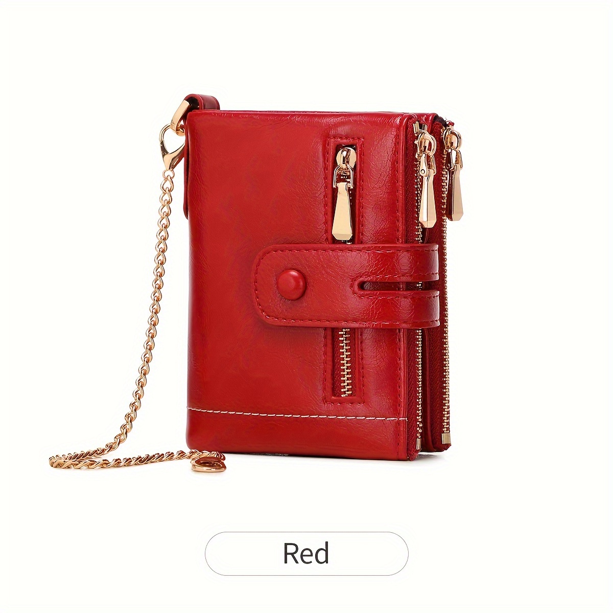 Image of Fashion Multifunctional Chain Wallet Unisex Solid Color Bifold Zipper Wallet With Card Slots And Removable Id Window, Handheld Credit Card Wallet With Anti-theft Chain
