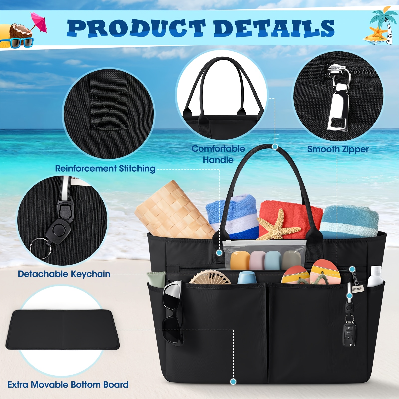   大容量40lトートバッグ 男女兼用 - ヘビーデューティ 付き 旅行・ジム・ビーチバッグ 折りたたみトップハンドルハンドバッグ 広々とした内部 通勤・買い物に最適 商品詳細 2