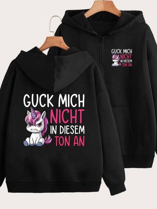cartoon einhorn muster mit text mich nicht in diesem ton an vorne und hinten 2 musterdrucke - y2k zipper hoodie - stylische und bequeme zipper jacke - casual sportswear casual sportswear fashion casual jacke für